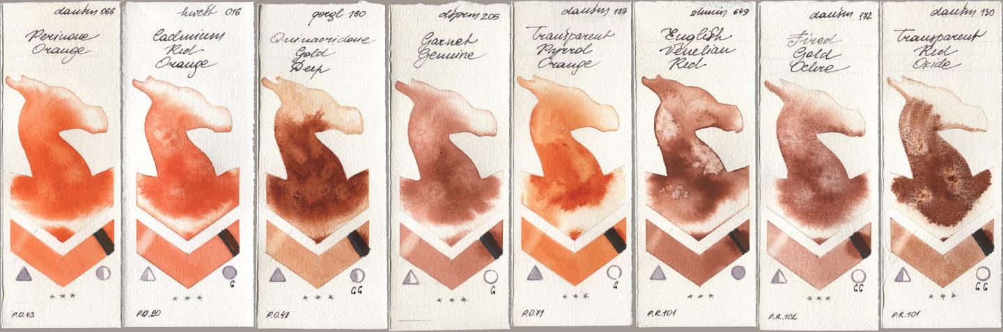 Daniel Smith 066 Perinone Orange, Holbein Artists Watercolor 016 Cadmium Red Orange, Golden QOR 160 Quinacridone Gold Deep, 205 Garnet Genuine, 187 Transparent Pyrrol Orange, Shminke Horadam Aquarell 649 English Venetian Red, 172 Fired Gold Ochre, 130 Transparent Red Oxi watercolor swatch