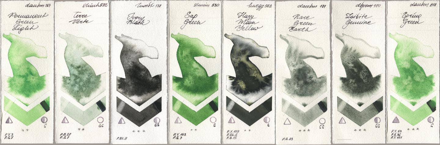 Daniel Smith 067 Permanent Green Light, Shinhan PWC 592 Terre Verte, Holbein Artists Watercolor 138 Ivory Black, Shminke Horadam Aquarell 530 Sap Green, 562 Hazy Moon Yellow, 181 Rare Green Earth, 180 Zoisite Genuine, 208 Spring Gre watercolor swatch