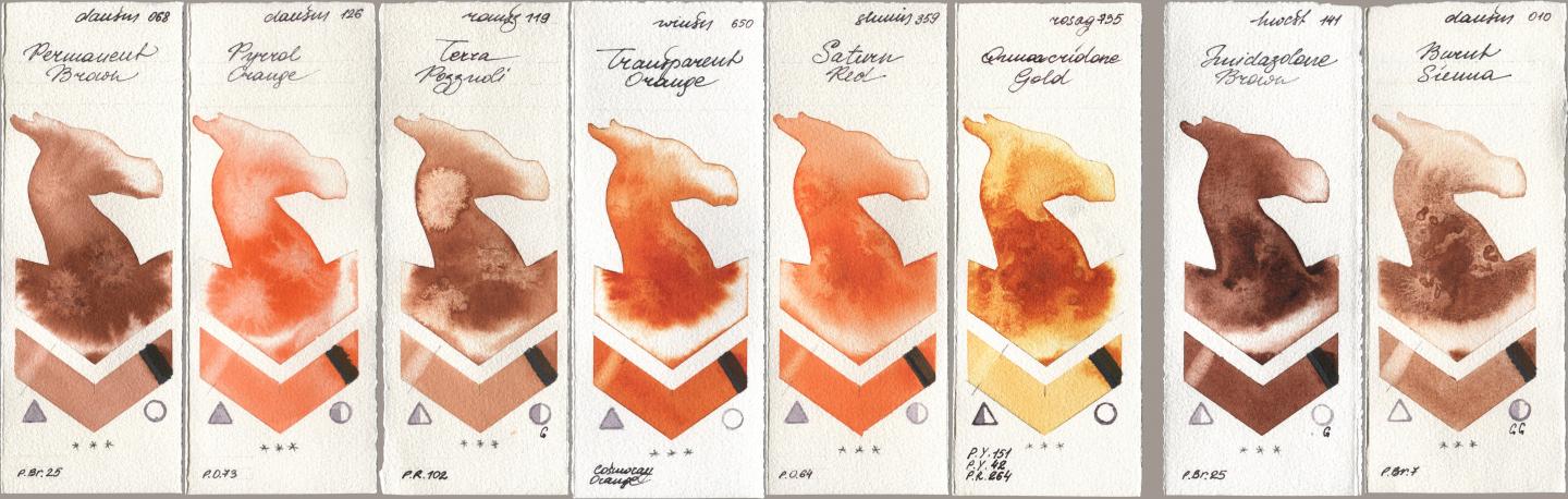 Daniel Smith 068 Permanent Brown, 126 Pyrrol Orange, Roman Szmal Aquarius 119 Terra Pozzuoli, Winsor & Newton Professional 650 Transparent Orange, Shminke Horadam Aquarell 359 Saturn Red, Rosa Gallery 735 Quinacridone Gold, Holbein Artists Watercolor 141 Imidazolone Brown, 010 Burnt Sien watercolor swatch