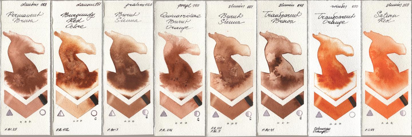 Daniel Smith 068 Permanent Brown, 151 Burgundy Red Ochre, M. Graham & Co. Artists 020 Burnt Sienna, Golden QOR 165 Quinacridone Burnt Orange, Shminke Horadam Aquarell 661 Burnt Sienna, 648 Transparent Brown, Winsor & Newton Professional 650 Transparent Orange, 359 Saturn R watercolor swatch