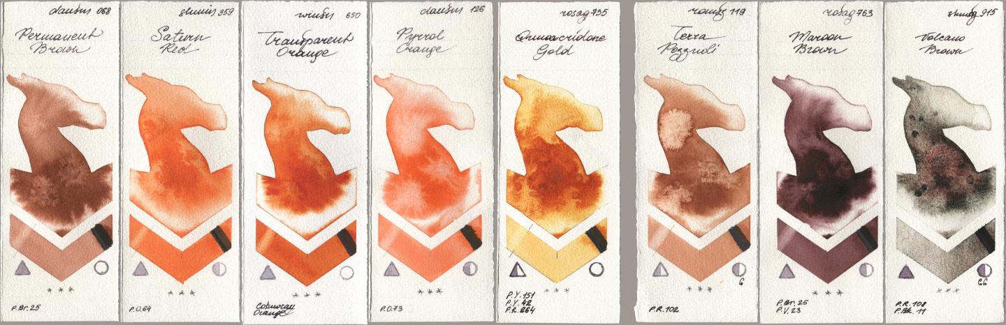 Daniel Smith 068 Permanent Brown, Shminke Horadam Aquarell 359 Saturn Red, Winsor & Newton Professional 650 Transparent Orange, 126 Pyrrol Orange, Rosa Gallery 735 Quinacridone Gold, Roman Szmal Aquarius 119 Terra Pozzuoli, 763 Maroon Brown, 915 Volcano Bro watercolor swatch