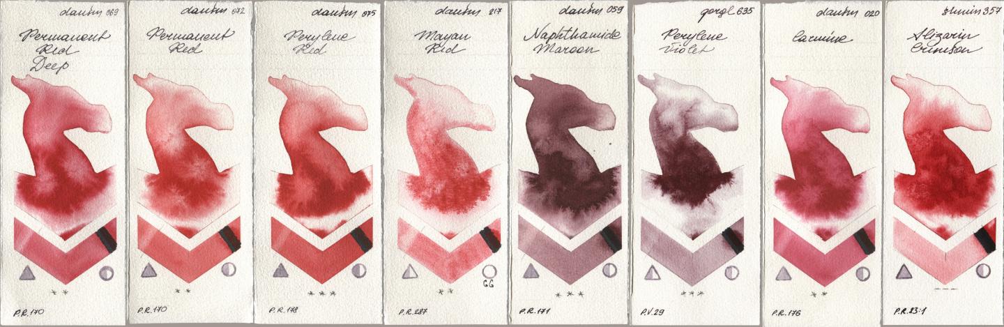 Daniel Smith 069 Permanent Red Deep, 072 Permanent Red, 075 Perylene Red, 217 Mayan Red, 059 Naphthamide Maroon, Golden QOR 635 Perylene Violet, 020 Carmine, Shminke Horadam Aquarell 357 Alizarin Crims watercolor swatch