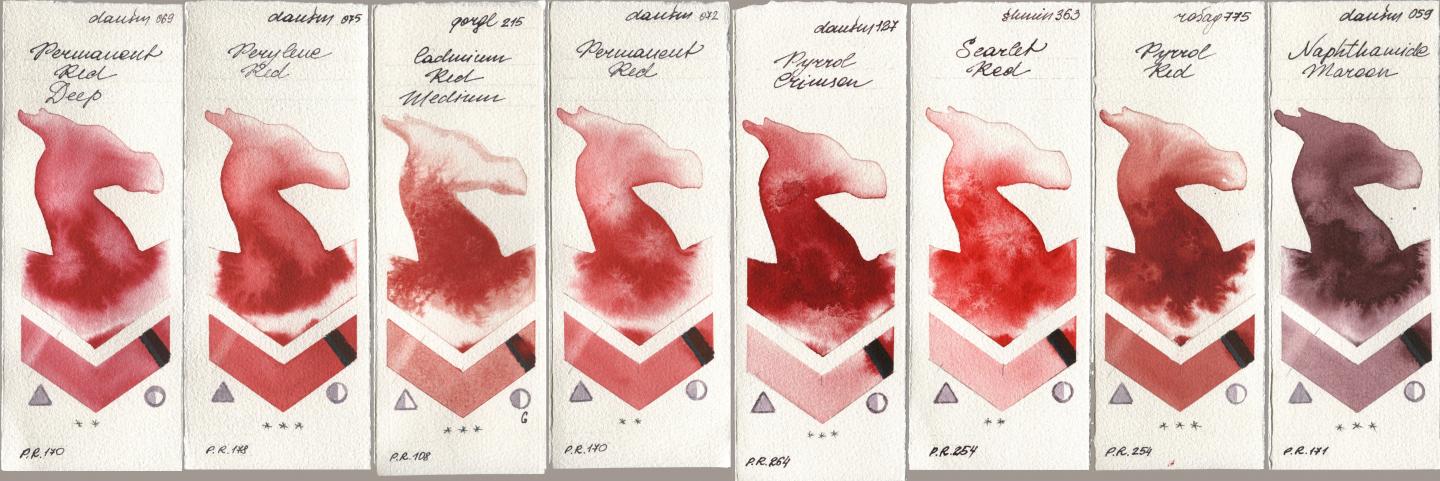 Daniel Smith 069 Permanent Red Deep, 075 Perylene Red, Golden QOR 215 Cadmium Red Medium, 072 Permanent Red, 127 Pyrrol Crimson, Shminke Horadam Aquarell 363 Scarlet Red, Rosa Gallery 775 Pyrrole Red, 059 Naphthamide Maro watercolor swatch