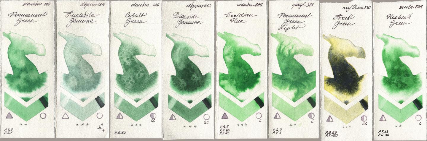 Daniel Smith 070 Permanent Green, 169 Fuchsite Genuine, 026 Cobalt Green, 210 Diopside Genuine, Winsor & Newton Professional 696 Viridian Hue, Golden QOR 385 Permanent Green Light, Mijello Mission Gold 830 Forest Green, Sennelier l Aquarelle 809 Hookers Gre watercolor swatch