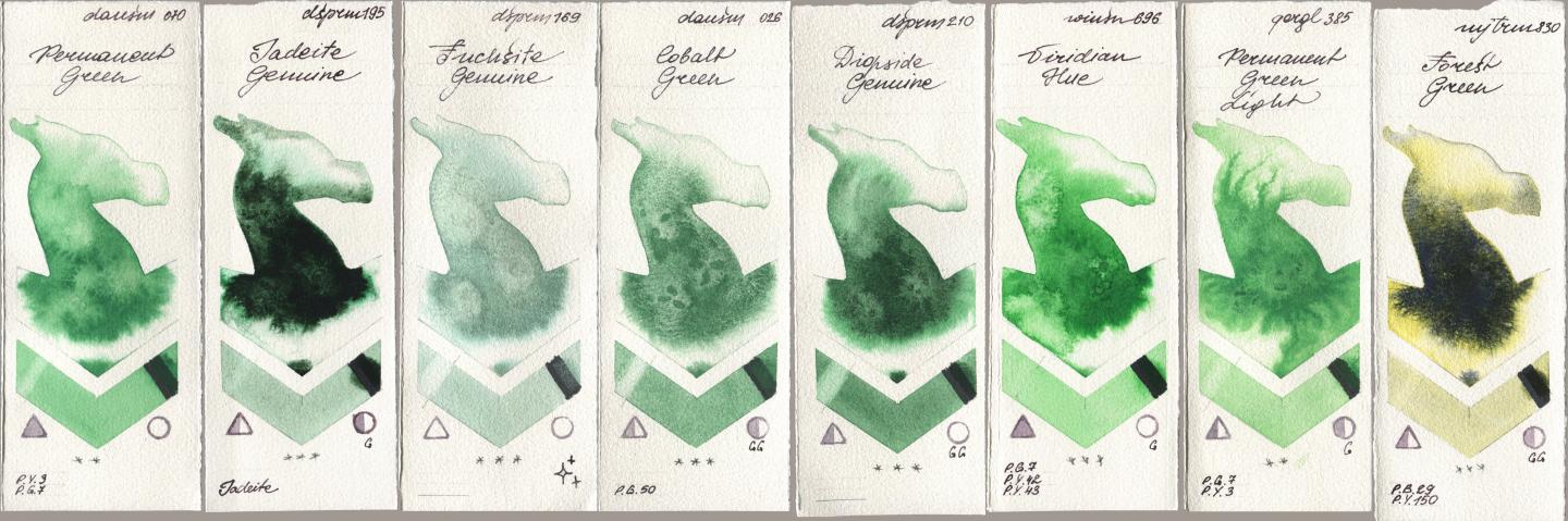 Daniel Smith 070 Permanent Green, 195 Jadeite Genuine, 169 Fuchsite Genuine, 026 Cobalt Green, 210 Diopside Genuine, Winsor & Newton Professional 696 Viridian Hue, Golden QOR 385 Permanent Green Light, Mijello Mission Gold 830 Forest Gre watercolor swatch