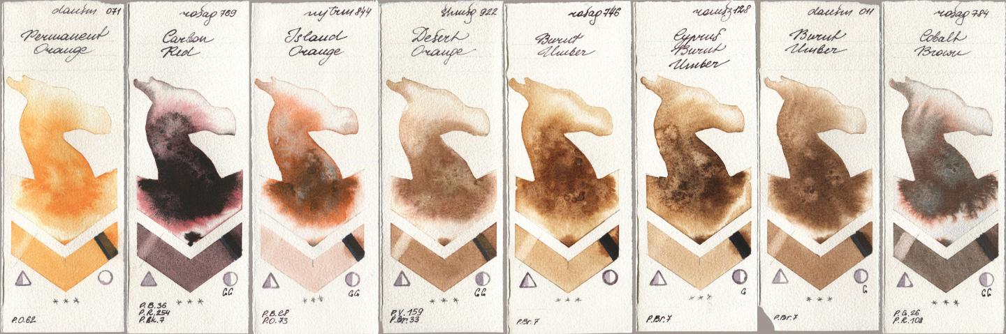 Daniel Smith 071 Permanent Orange, Rosa Gallery 769 Carbon Red, Mijello Mission Gold 844 Island Orange, Shminke Horadam Aquarell 922 Desert Orange, 746 Burnt Umber, Roman Szmal Aquarius 128 Cyprus Burnt Umber, 011 Burnt Umber, 784 Cobalt Bro watercolor swatch