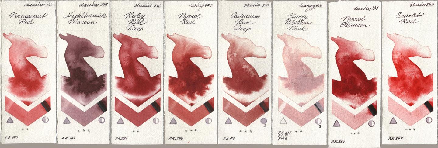 Daniel Smith 072 Permanent Red, 059 Naphthamide Maroon, Shminke Horadam Aquarell 346 Ruby Red Deep, Rosa Gallery 775 Pyrrole Red, 350 Cadmium Red Deep, Holbein Artists Watercolor 503 Cherry Blossom Pink, 127 Pyrrol Crimson, 363 Scarlet R watercolor swatch