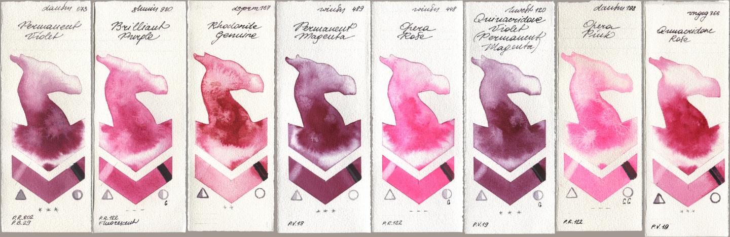 Daniel Smith 073 Permanent Violet, Shminke Horadam Aquarell 930 Brilliant Purple, 167 Rhodonite Genuine, Winsor & Newton Professional 489 Permanent Magenta, 448 Opera Rose, Holbein Artists Watercolor 120 Quinacridone Violet (Permanent Magenta), 198 Opera Pink, Royal Talens Van Gogh Watercolour 366 Quinacridone Ro watercolor swatch