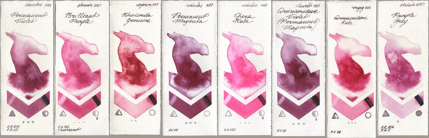 Daniel Smith 073 Permanent Violet, Shminke Horadam Aquarell 930 Brilliant Purple, 167 Rhodonite Genuine, Winsor & Newton Professional 489 Permanent Magenta, 448 Opera Rose, Holbein Artists Watercolor 120 Quinacridone Violet (Permanent Magenta), Royal Talens Van Gogh Watercolour 366 Quinacridone Rose, Shinhan PWC 650 Purple Gr watercolor swatch