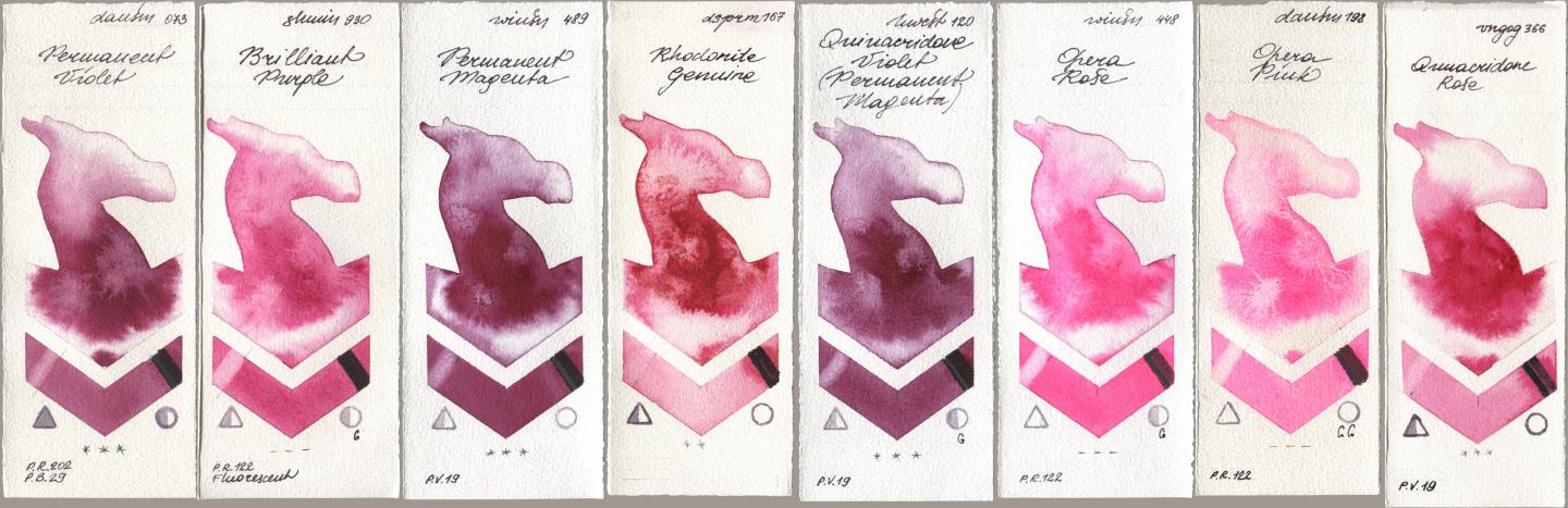 Daniel Smith 073 Permanent Violet, Shminke Horadam Aquarell 930 Brilliant Purple, Winsor & Newton Professional 489 Permanent Magenta, 167 Rhodonite Genuine, Holbein Artists Watercolor 120 Quinacridone Violet (Permanent Magenta), 448 Opera Rose, 198 Opera Pink, Royal Talens Van Gogh Watercolour 366 Quinacridone Ro watercolor swatch