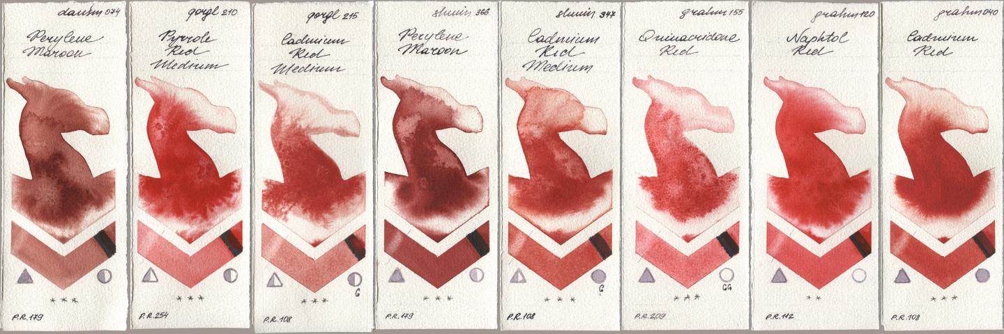 Daniel Smith 074 Perylene Maroon, Golden QOR 210 Pyrrole Red Medium, 215 Cadmium Red Medium, Shminke Horadam Aquarell 366 Perylene Maroon, 347 Cadmium Red Medium, M. Graham & Co. Artists 155 Quinacridone Red, 120 Naphthol Red, 040 Cadmium R watercolor swatch
