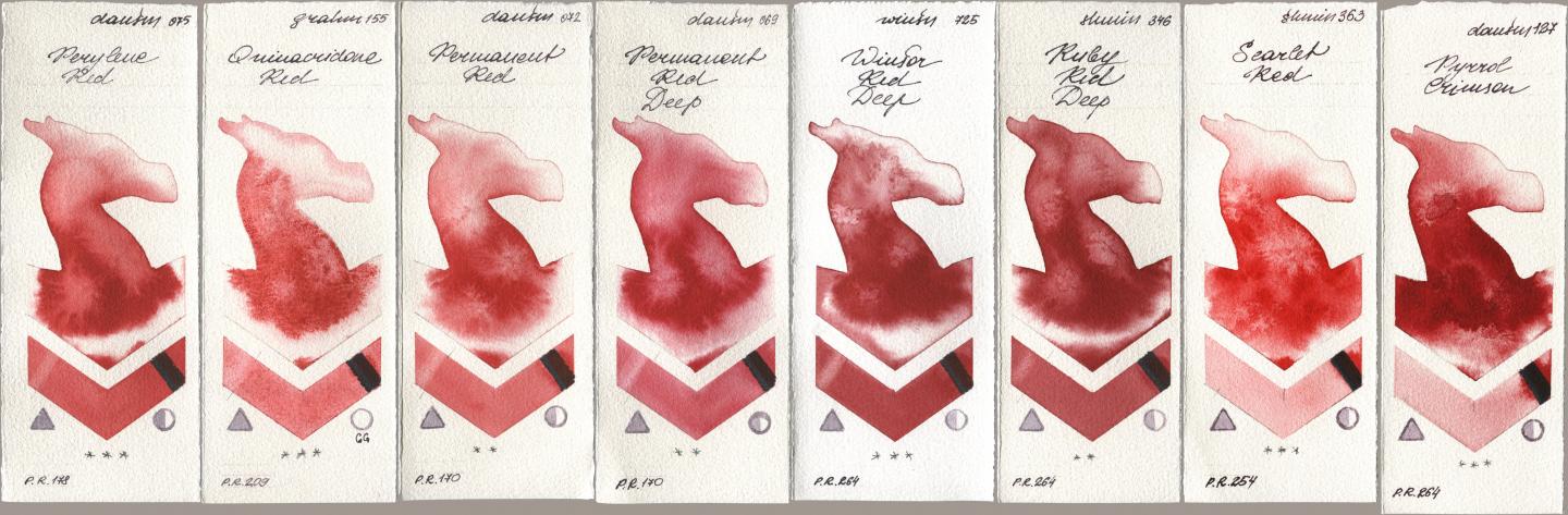 Daniel Smith 075 Perylene Red, M. Graham & Co. Artists 155 Quinacridone Red, 072 Permanent Red, 069 Permanent Red Deep, Winsor & Newton Professional 725 Winsor Red Deep, Shminke Horadam Aquarell 346 Ruby Red Deep, 363 Scarlet Red, 127 Pyrrol Crims watercolor swatch