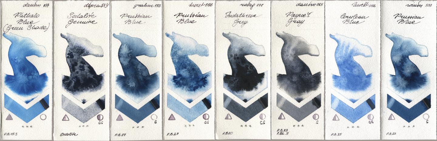 Daniel Smith 077 Phthalo Blue (Green Shade), 179 Sodalite Genuine, M. Graham & Co. Artists 153 Prussian Blue, Kuretake Gansai Tambi 066 Prussian Blue, Rosa Gallery 778 Indanthrene Grey, 065 Paynes Gray, Holbein Artists Watercolor 092 Cerulean Blue, Winsor & Newton Professional 538 Prussian Bl watercolor swatch