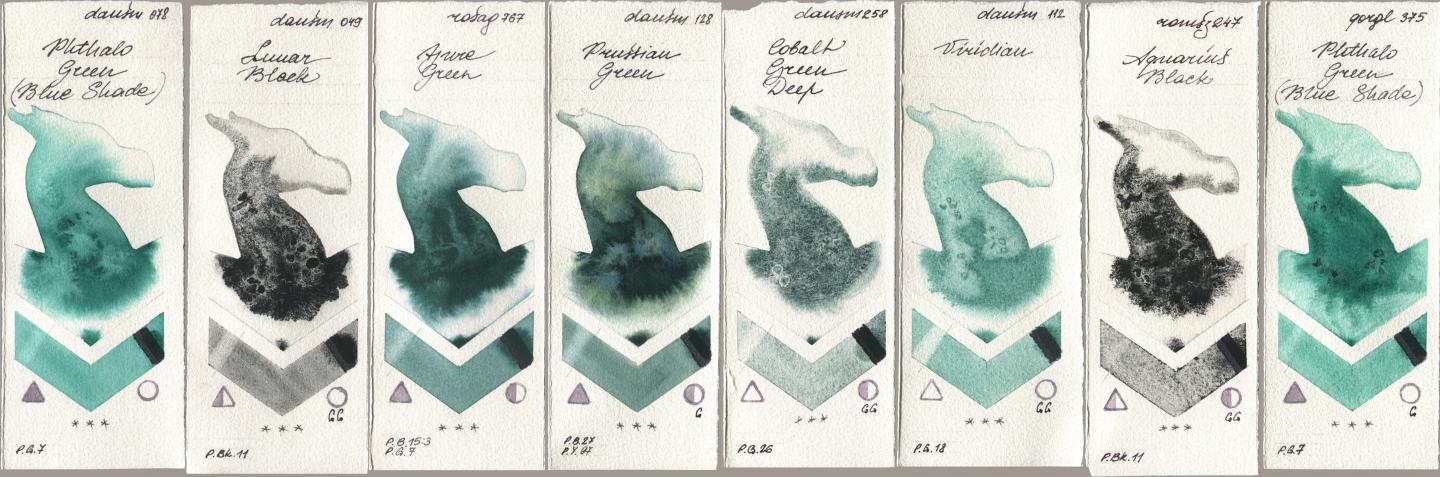 Daniel Smith 078 Phthalo Green (Blue Shade), 049 Lunar Black, Rosa Gallery 767 Azure Green, 128 Prussian Green, 258 Cobalt Green Deep, 112 Viridian, Roman Szmal Aquarius 247 Aquarius Black, Golden QOR 375 Phthalo Green (Blue Shad watercolor swatch