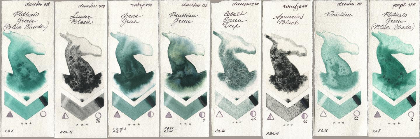 Daniel Smith 078 Phthalo Green (Blue Shade), 049 Lunar Black, Rosa Gallery 767 Azure Green, 128 Prussian Green, 258 Cobalt Green Deep, Roman Szmal Aquarius 247 Aquarius Black, 112 Viridian, Golden QOR 375 Phthalo Green (Blue Shad watercolor swatch