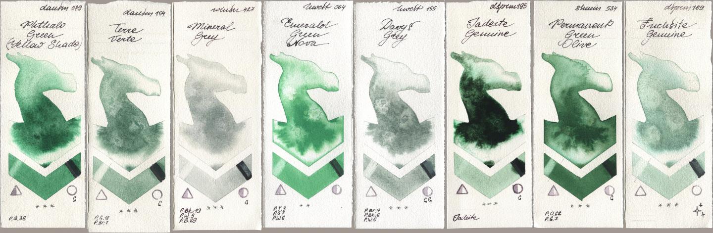 Daniel Smith 079 Phthalo Green (Yellow Shade), 104 Terre Verte, Winsor & Newton Professional 427 Mineral Grey, Holbein Artists Watercolor 064 Emerald Green Nova, 155 Davys Grey, 195 Jadeite Genuine, Shminke Horadam Aquarell 534 Permanent Green Olive, 169 Fuchsite Genui watercolor swatch