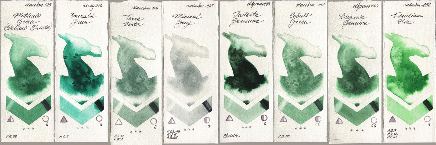Daniel Smith 079 Phthalo Green (Yellow Shade), Rosa Gallery 712 Emerald Green, 104 Terre Verte, Winsor & Newton Professional 427 Mineral Grey, 195 Jadeite Genuine, 026 Cobalt Green, 210 Diopside Genuine, 696 Viridian H watercolor swatch