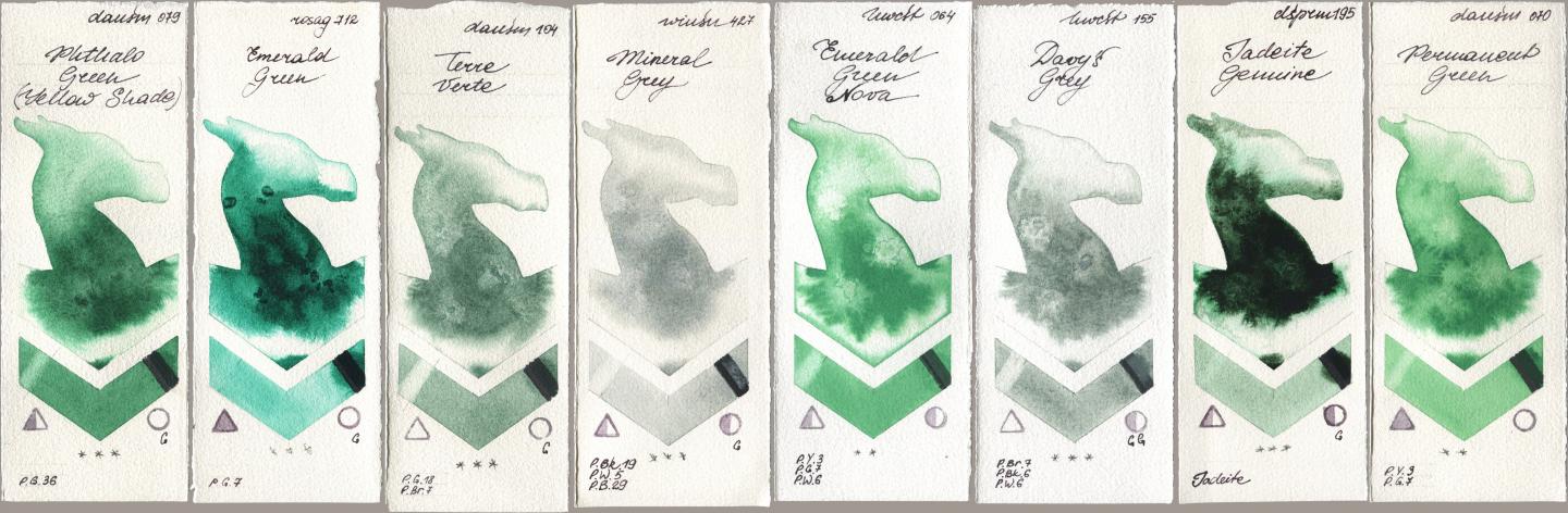 Daniel Smith 079 Phthalo Green (Yellow Shade), Rosa Gallery 712 Emerald Green, 104 Terre Verte, Winsor & Newton Professional 427 Mineral Grey, Holbein Artists Watercolor 064 Emerald Green Nova, 155 Davys Grey, 195 Jadeite Genuine, 070 Permanent Gre watercolor swatch