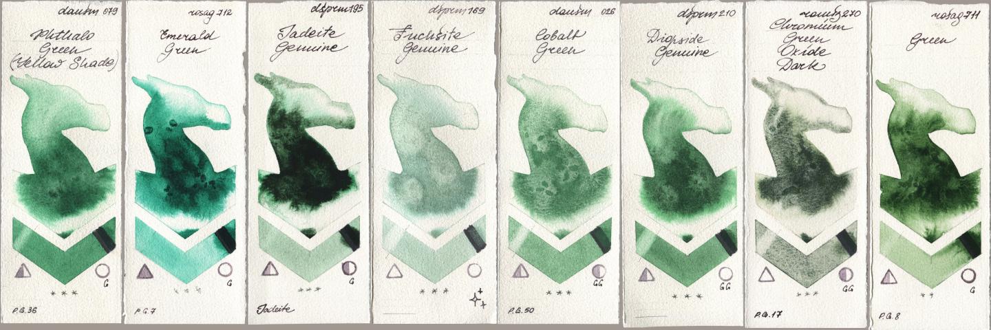 Daniel Smith 079 Phthalo Green (Yellow Shade), Rosa Gallery 712 Emerald Green, 195 Jadeite Genuine, 169 Fuchsite Genuine, 026 Cobalt Green, 210 Diopside Genuine, Roman Szmal Aquarius 270 Chromium Green Oxide Dark, 711 Gre watercolor swatch