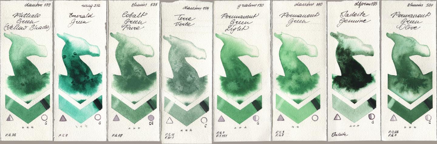 Daniel Smith 079 Phthalo Green (Yellow Shade), Rosa Gallery 712 Emerald Green, Shminke Horadam Aquarell 535 Cobalt Green Pure, 104 Terre Verte, M. Graham & Co. Artists 130 Permanent Green Light, 070 Permanent Green, 195 Jadeite Genuine, 534 Permanent Green Oli watercolor swatch