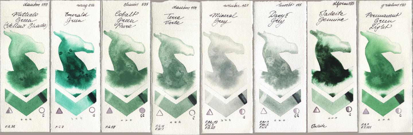 Daniel Smith 079 Phthalo Green (Yellow Shade), Rosa Gallery 712 Emerald Green, Shminke Horadam Aquarell 535 Cobalt Green Pure, 104 Terre Verte, Winsor & Newton Professional 427 Mineral Grey, Holbein Artists Watercolor 155 Davys Grey, 195 Jadeite Genuine, M. Graham & Co. Artists 130 Permanent Green Lig watercolor swatch