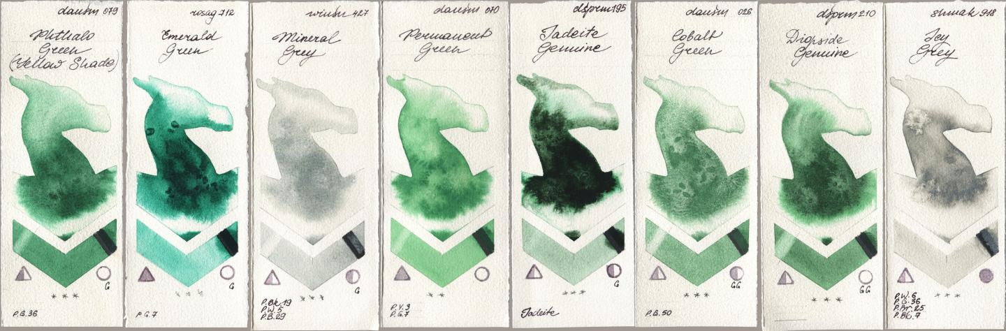 Daniel Smith 079 Phthalo Green (Yellow Shade), Rosa Gallery 712 Emerald Green, Winsor & Newton Professional 427 Mineral Grey, 070 Permanent Green, 195 Jadeite Genuine, 026 Cobalt Green, 210 Diopside Genuine, Shminke Akademie Aquarell 918 Icy Gr watercolor swatch