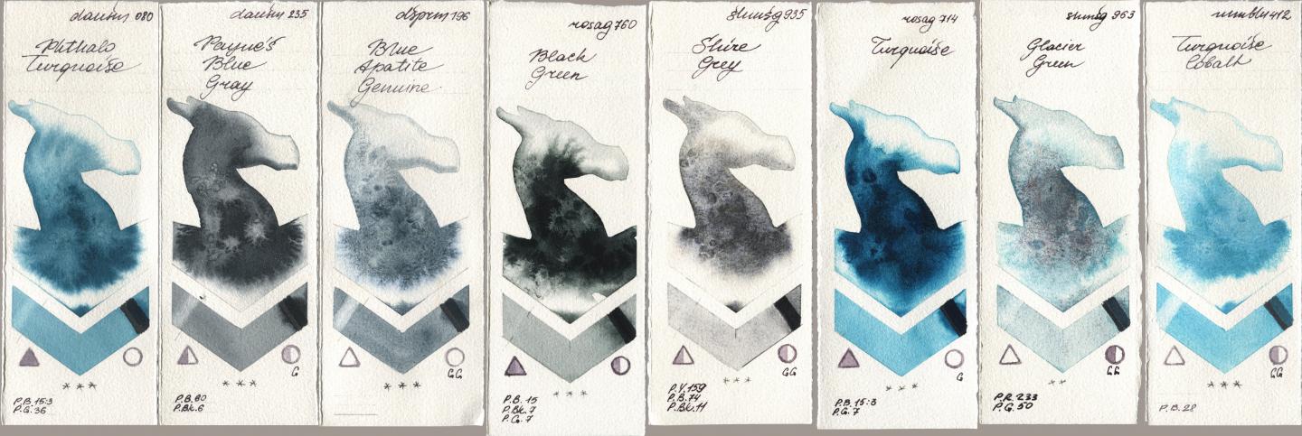 Daniel Smith 080 Phthalo Turquoise, 235 Paynes Blue Gray, 196 Blue Apatite Genuine, Rosa Gallery 760 Black Green, Shminke Horadam Aquarell 935 Shire Grey, 714 Turquoise, 963 Glacier Green, Maimeri Blu 412 Turquoise Coba watercolor swatch
