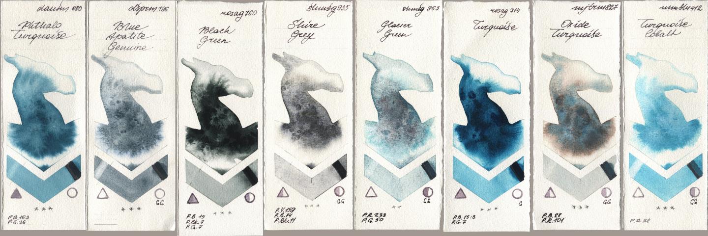 Daniel Smith 080 Phthalo Turquoise, 196 Blue Apatite Genuine, Rosa Gallery 760 Black Green, Shminke Horadam Aquarell 935 Shire Grey, 963 Glacier Green, 714 Turquoise, Mijello Mission Gold 827 Oxide Turquoise, Maimeri Blu 412 Turquoise Coba watercolor swatch