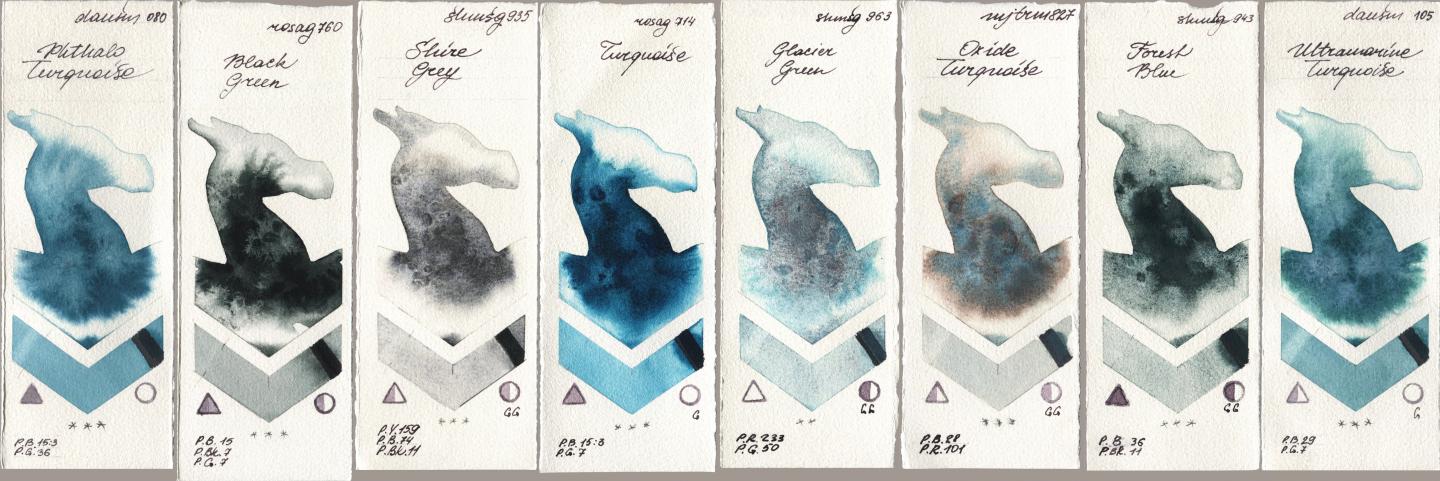 Daniel Smith 080 Phthalo Turquoise, Rosa Gallery 760 Black Green, Shminke Horadam Aquarell 935 Shire Grey, 714 Turquoise, 963 Glacier Green, Mijello Mission Gold 827 Oxide Turquoise, 943 Forest Blue, 105 Ultramarine Turquoi watercolor swatch