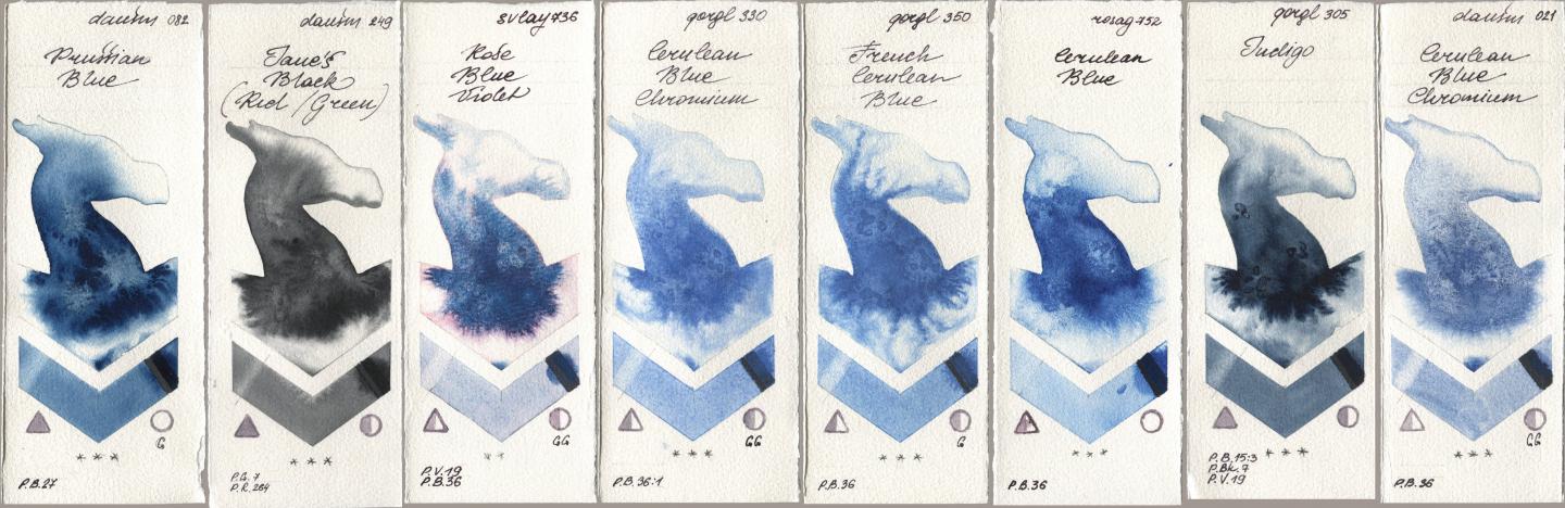 Daniel Smith 082 Prussian Blue, 249 Janes Black (Red/Green), SuperVision 736 Rose Blue Violet, Golden QOR 330 Cerulean Blue, Chromium, 350 French Cerulean Blue, Rosa Gallery 752 Cerulean Blue, 305 Indigo, 021 Cerulean Blue Chromi watercolor swatch