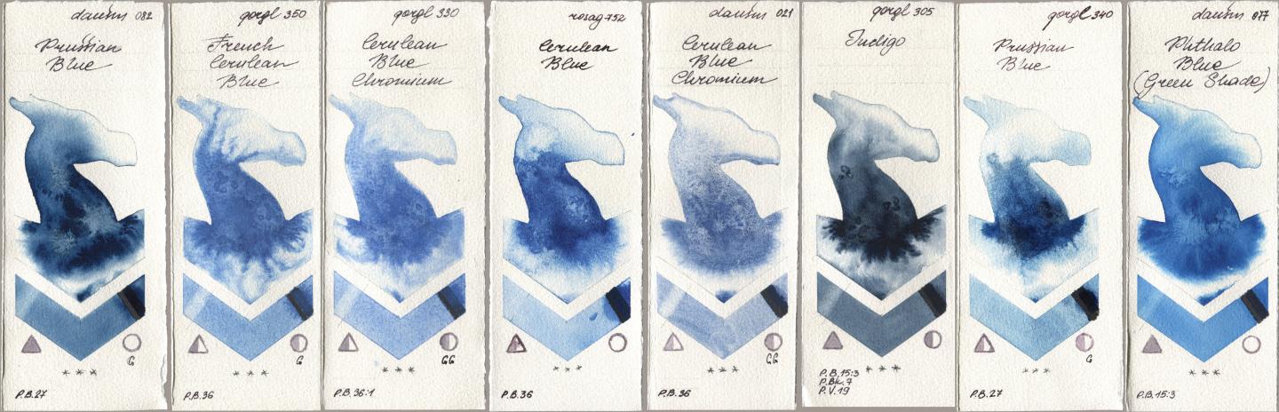 Daniel Smith 082 Prussian Blue, Golden QOR 350 French Cerulean Blue, 330 Cerulean Blue, Chromium, Rosa Gallery 752 Cerulean Blue, 021 Cerulean Blue Chromium, 305 Indigo, 340 Prussian Blue, 077 Phthalo Blue (Green Shad watercolor swatch