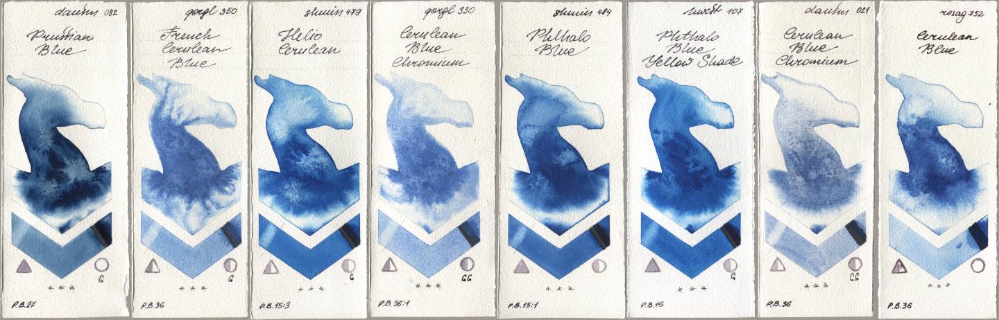 Daniel Smith 082 Prussian Blue, Golden QOR 350 French Cerulean Blue, Shminke Horadam Aquarell 479 Helio Cerulean, 330 Cerulean Blue, Chromium, 484 Phthalo Blue, Holbein Artists Watercolor 107 Phthalo Blue Yellow Shade, 021 Cerulean Blue Chromium, Rosa Gallery 752 Cerulean Bl watercolor swatch