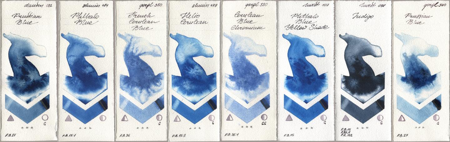 Daniel Smith 082 Prussian Blue, Shminke Horadam Aquarell 484 Phthalo Blue, Golden QOR 350 French Cerulean Blue, 479 Helio Cerulean, 330 Cerulean Blue, Chromium, Holbein Artists Watercolor 107 Phthalo Blue Yellow Shade, 098 Indigo, 340 Prussian Bl watercolor swatch