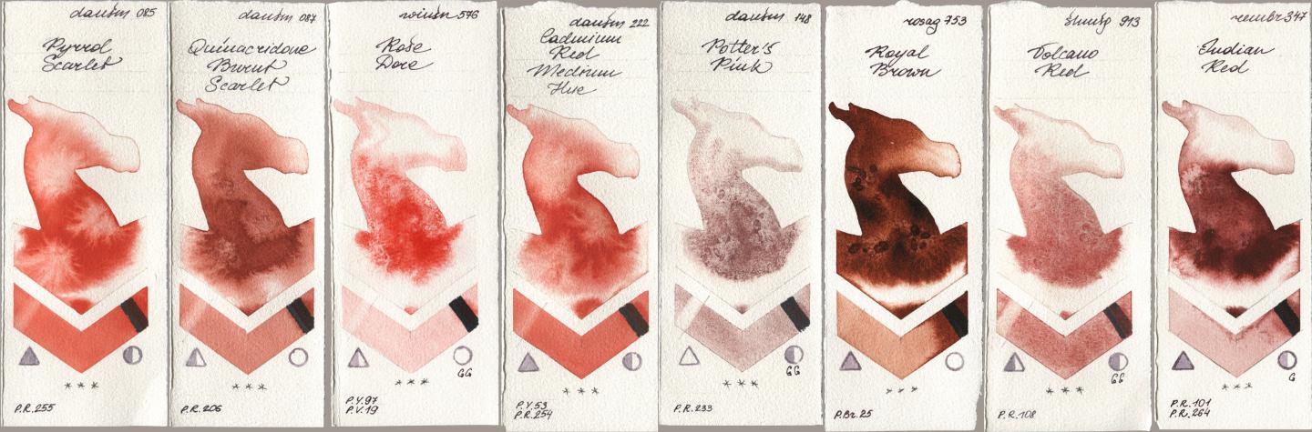 Daniel Smith 085 Pyrrol Scarlet, 087 Quinacridone Burnt Scarlet, Winsor & Newton Professional 576 Rose Dore, 222 Cadmium Red Medium Hue, 148 Potters Pink, Rosa Gallery 753 Royal Brown, Shminke Horadam Aquarell 913 Volcano Red, Royal Talens Rembrandt Watercolour 347 Indian R watercolor swatch
