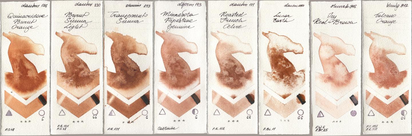 Daniel Smith 086 Quinacridone Burnt Orange, 230 Burnt Sienna Light, Shminke Horadam Aquarell 653 Transparent Sienna, 143 Minnesota Pipestone Genuine, 171 Roasted French Ochre, 050 Lunar Earth, Shminke Akademie Aquarell 916 Icy Red-Brown, 912 Volcano Oran watercolor swatch