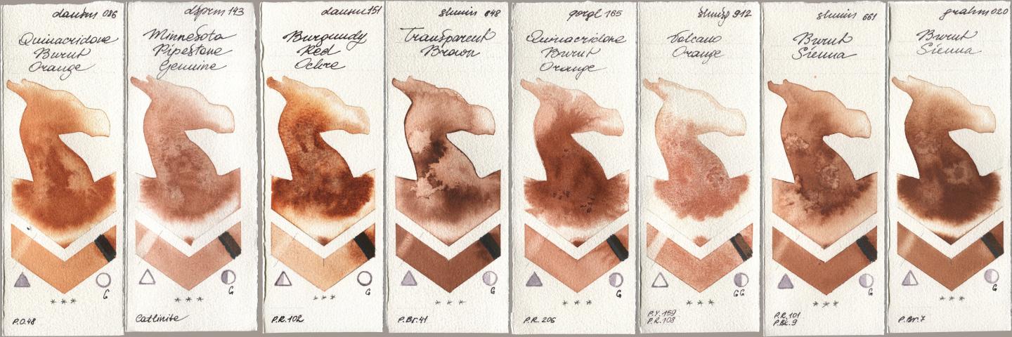 Daniel Smith 086 Quinacridone Burnt Orange, 143 Minnesota Pipestone Genuine, 151 Burgundy Red Ochre, Shminke Horadam Aquarell 648 Transparent Brown, Golden QOR 165 Quinacridone Burnt Orange, 912 Volcano Orange, 661 Burnt Sienna, M. Graham & Co. Artists 020 Burnt Sien watercolor swatch