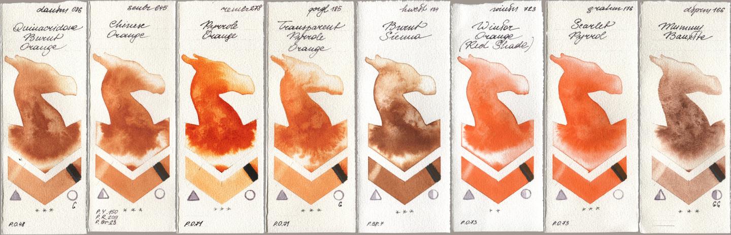 Daniel Smith 086 Quinacridone Burnt Orange, Sennelier l Aquarelle 645 Chinese Orange, Royal Talens Rembrandt Watercolour 278 Pyrrole Orange, Golden QOR 185 Transparent Pyrrole Orange, Holbein Artists Watercolor 134 Burnt Sienna, Winsor & Newton Professional 723 Winsor Orange (Red Shade), M. Graham & Co. Artists 176 Scarlet Pyrrol, 166 Mummy Bauxi watercolor swatch