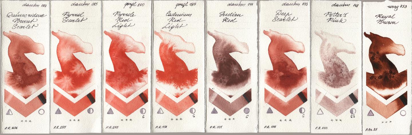 Daniel Smith 087 Quinacridone Burnt Scarlet, 085 Pyrrol Scarlet, Golden QOR 200 Pyrrole Red Light, 195 Cadmium Red Light, 044 Indian Red, 033 Deep Scarlet, 148 Potters Pink, Rosa Gallery 753 Royal Bro watercolor swatch