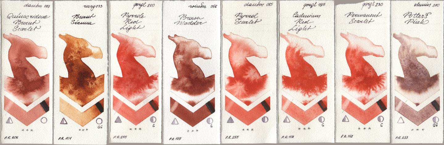 Daniel Smith 087 Quinacridone Burnt Scarlet, Rosa Gallery 733 Burnt Sienna, Golden QOR 200 Pyrrole Red Light, Winsor & Newton Professional 056 Brown Madder, 085 Pyrrol Scarlet, 195 Cadmium Red Light, 230 Permanent Scarlet, Shminke Horadam Aquarell 370 Potters Pi watercolor swatch