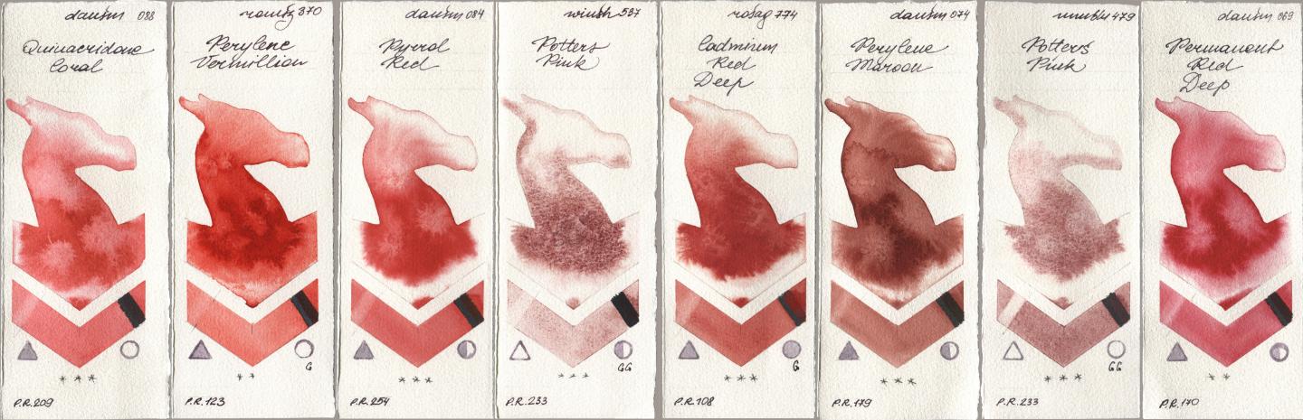 Daniel Smith 088 Quinacridone Coral, Roman Szmal Aquarius 370 Perylene Vermillion, 084 Pyrrol Red, Winsor & Newton Professional 537 Potters Pink, Rosa Gallery 774 Cadmium Red Deep, 074 Perylene Maroon, Maimeri Blu 479 Potters Pink, 069 Permanent Red De watercolor swatch