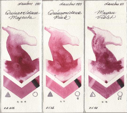 Daniel Smith 090 Quinacridone Magenta, 095 Quinacridone Pink, 214 Mayan Viol watercolor swatch