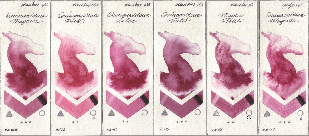 Daniel Smith 090 Quinacridone Magenta, 095 Quinacridone Pink, 236 Quinacridone Lilac, 094 Quinacridone Violet, 214 Mayan Violet, Golden QOR 265 Quinacridone Magen watercolor swatch