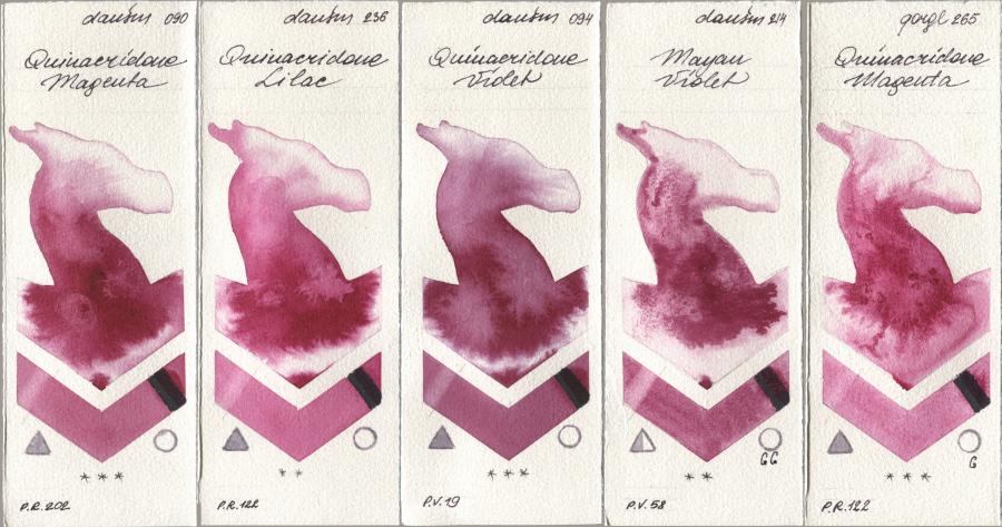 Daniel Smith 090 Quinacridone Magenta, 236 Quinacridone Lilac, 094 Quinacridone Violet, 214 Mayan Violet, Golden QOR 265 Quinacridone Magen watercolor swatch