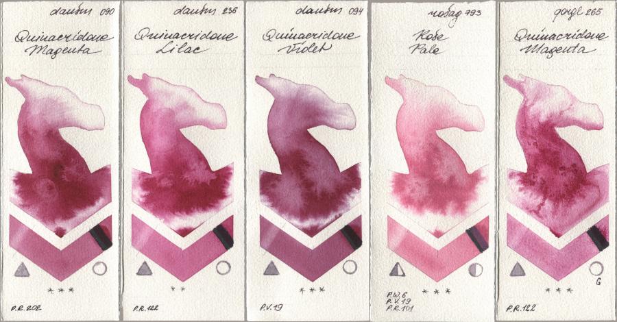 Daniel Smith 090 Quinacridone Magenta, 236 Quinacridone Lilac, 094 Quinacridone Violet, Rosa Gallery 793 Rose Pale, Golden QOR 265 Quinacridone Magen watercolor swatch