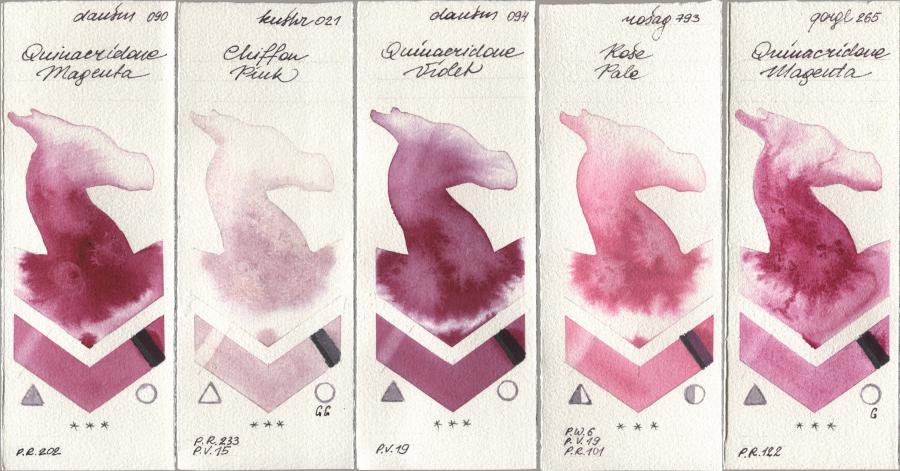 Daniel Smith 090 Quinacridone Magenta, Kusakabe 021 Chiffon Pink, 094 Quinacridone Violet, Rosa Gallery 793 Rose Pale, Golden QOR 265 Quinacridone Magen watercolor swatch