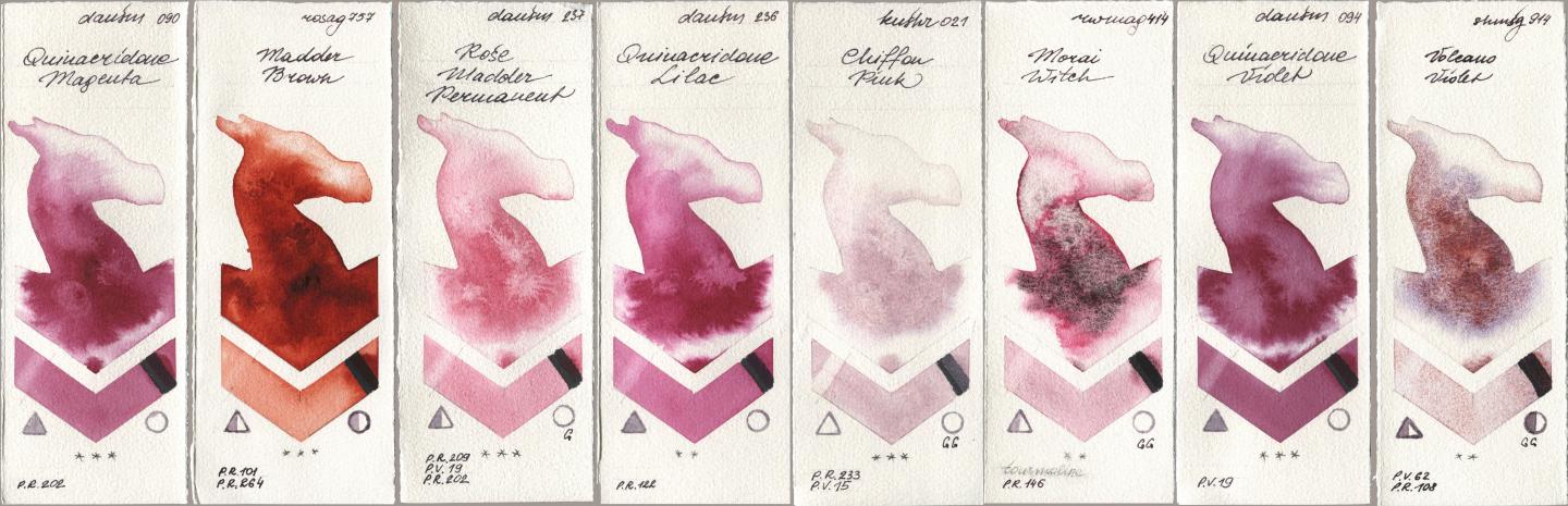 Daniel Smith 090 Quinacridone Magenta, Rosa Gallery 757 Madder Brown, 237 Rose Madder Permanent, 236 Quinacridone Lilac, Kusakabe 021 Chiffon Pink, Rockwell 414 Morai Witch, 094 Quinacridone Violet, Shminke Horadam Aquarell 914 Volcano Viol watercolor swatch