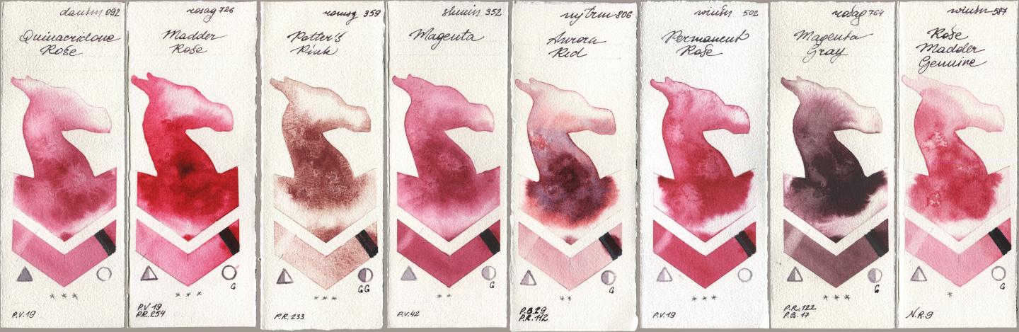 Daniel Smith 092 Quinacridone Rose, Rosa Gallery 726 Madder Rose, Roman Szmal Aquarius 359 Potters Pink, Shminke Horadam Aquarell 352 Magenta, Mijello Mission Gold 806 Aurora Red, Winsor & Newton Professional 502 Permanent Rose, 764 Magenta Gray, 587 Rose Madder Genui watercolor swatch