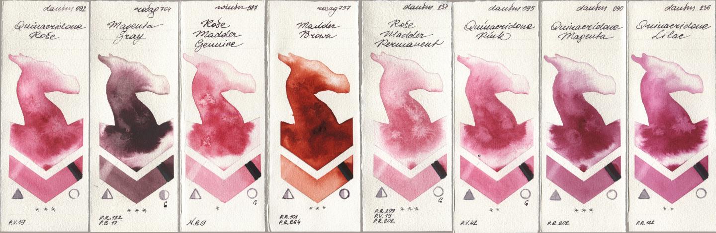 Daniel Smith 092 Quinacridone Rose, Rosa Gallery 764 Magenta Gray, Winsor & Newton Professional 587 Rose Madder Genuine, 757 Madder Brown, 237 Rose Madder Permanent, 095 Quinacridone Pink, 090 Quinacridone Magenta, 236 Quinacridone Lil watercolor swatch