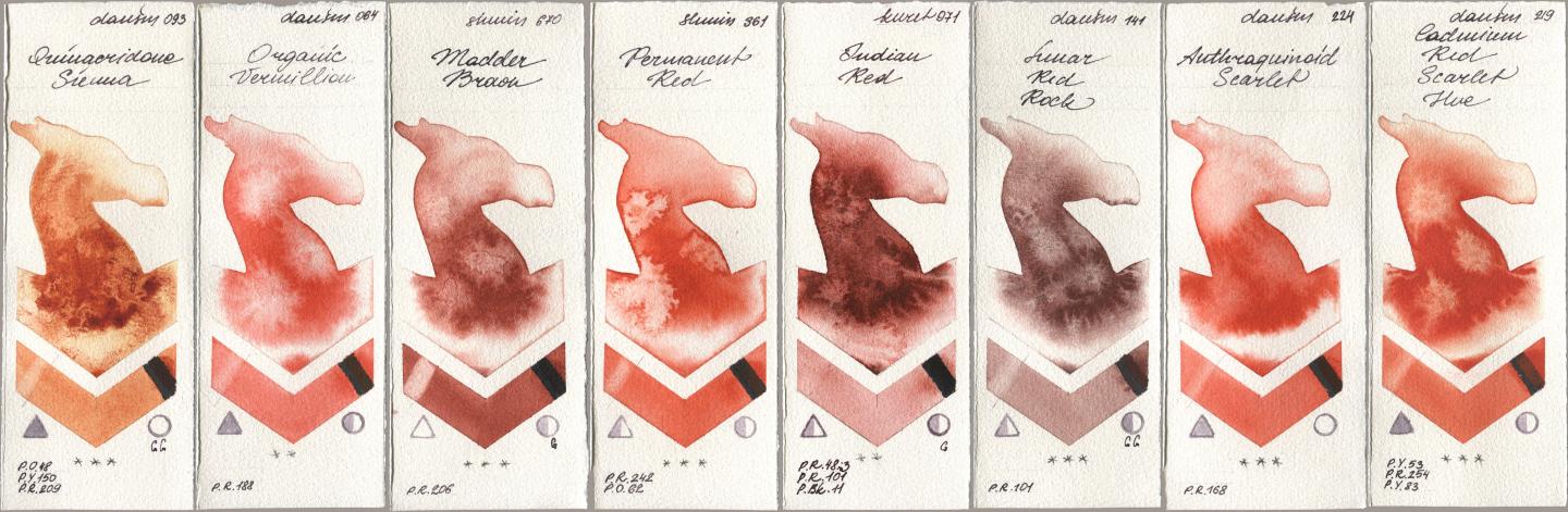 Daniel Smith 093 Quinacridone Sienna, 064 Organic Vermilion, Shminke Horadam Aquarell 670 Madder Brown, 361 Permanent Red, Kuretake Gansai Tambi 071 Indian Red, 141 Lunar Red Rock, 224 Anthraquinoid Scarlet, 219 Cadmium Red Scarlet H watercolor swatch