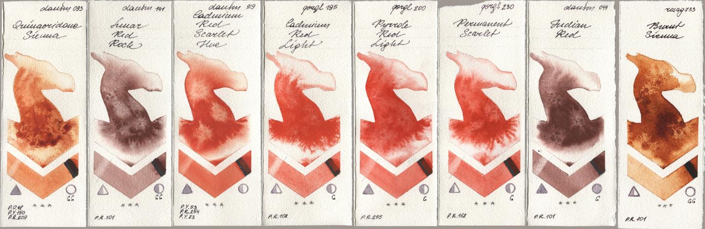 Daniel Smith 093 Quinacridone Sienna, 141 Lunar Red Rock, 219 Cadmium Red Scarlet Hue, Golden QOR 195 Cadmium Red Light, 200 Pyrrole Red Light, 230 Permanent Scarlet, 044 Indian Red, Rosa Gallery 733 Burnt Sien watercolor swatch